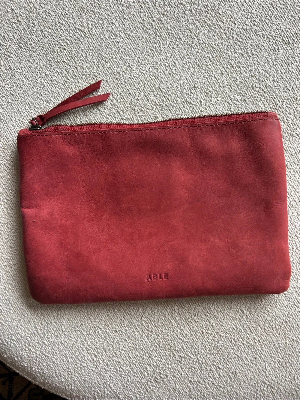 Able Red Leather Zip Pouch with Tan Center Stripe